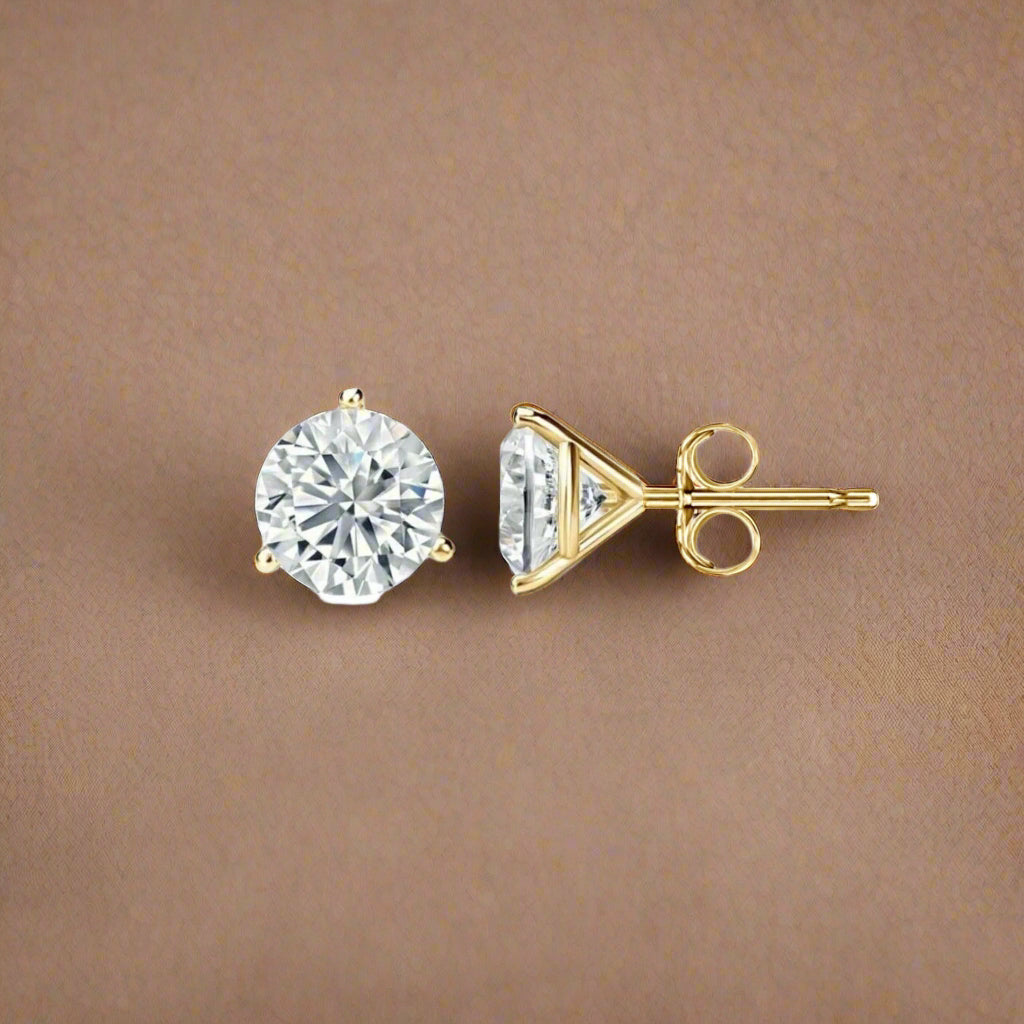14K Solid Gold 3 Prong Martini Pushback Studs GRA Certified