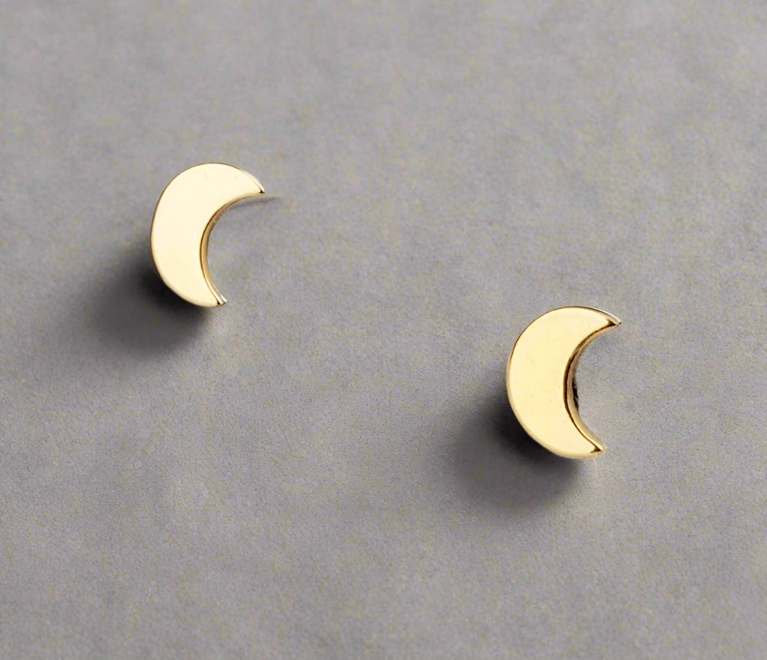 14K Solid Gold Dainty Crescent Moon Pushback Studs