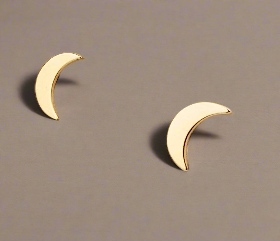 14K Solid Gold Dainty Crescent Moon Pushback Studs