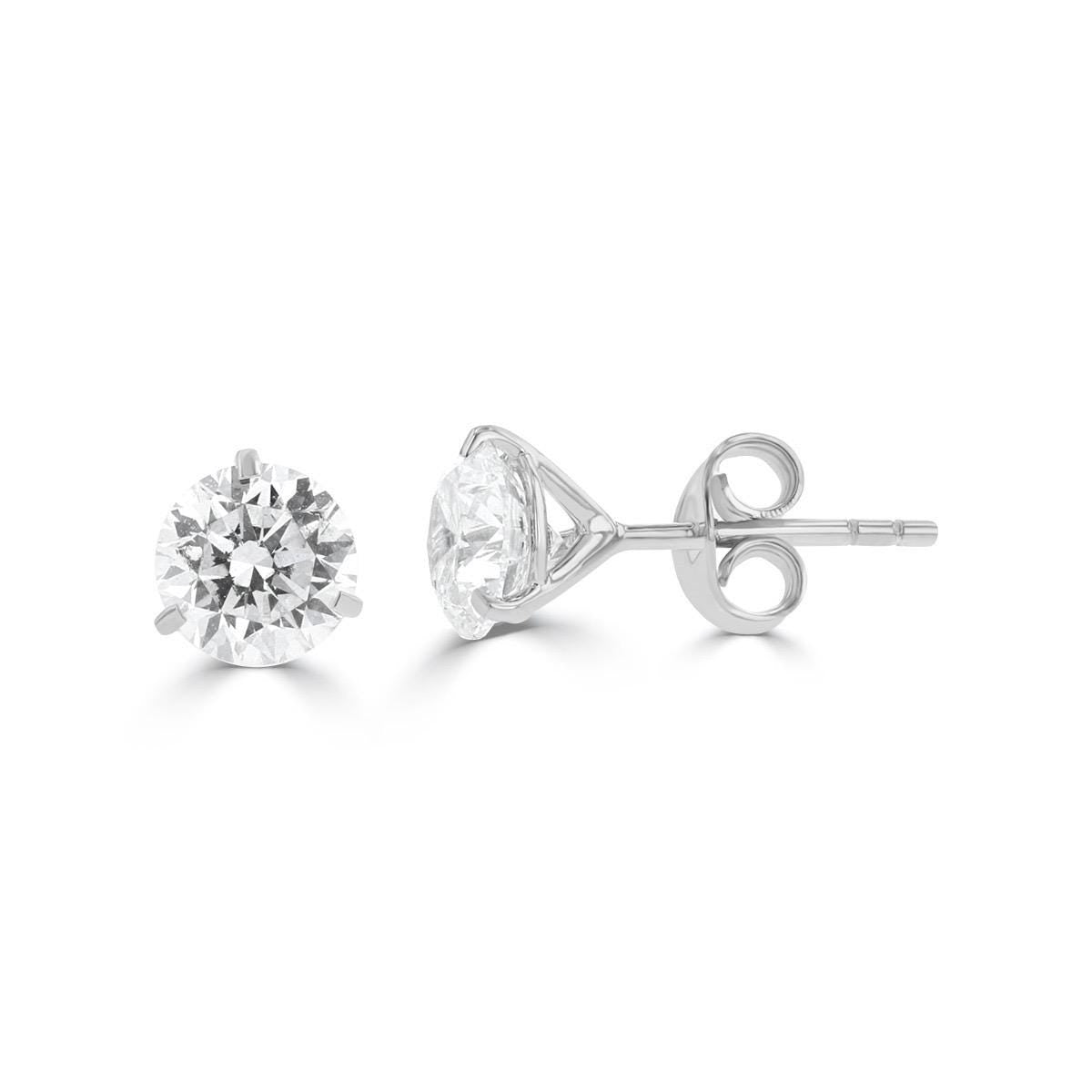 14K Solid Gold Diamond Studs | 3 Prong Martini Lab Grown Diamond Round Studs | 14K Gold | DEF VVS | 0.5ct-6ct