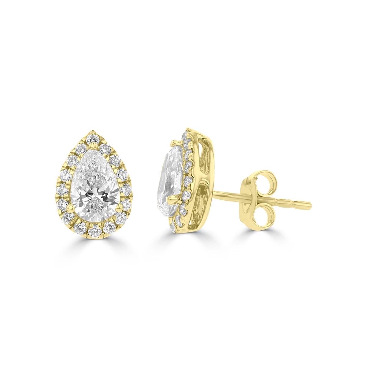 Halo Pear Lab Grown Diamond Studs |14K Solid Gold | DEF VVS | 1ct 1.5ct