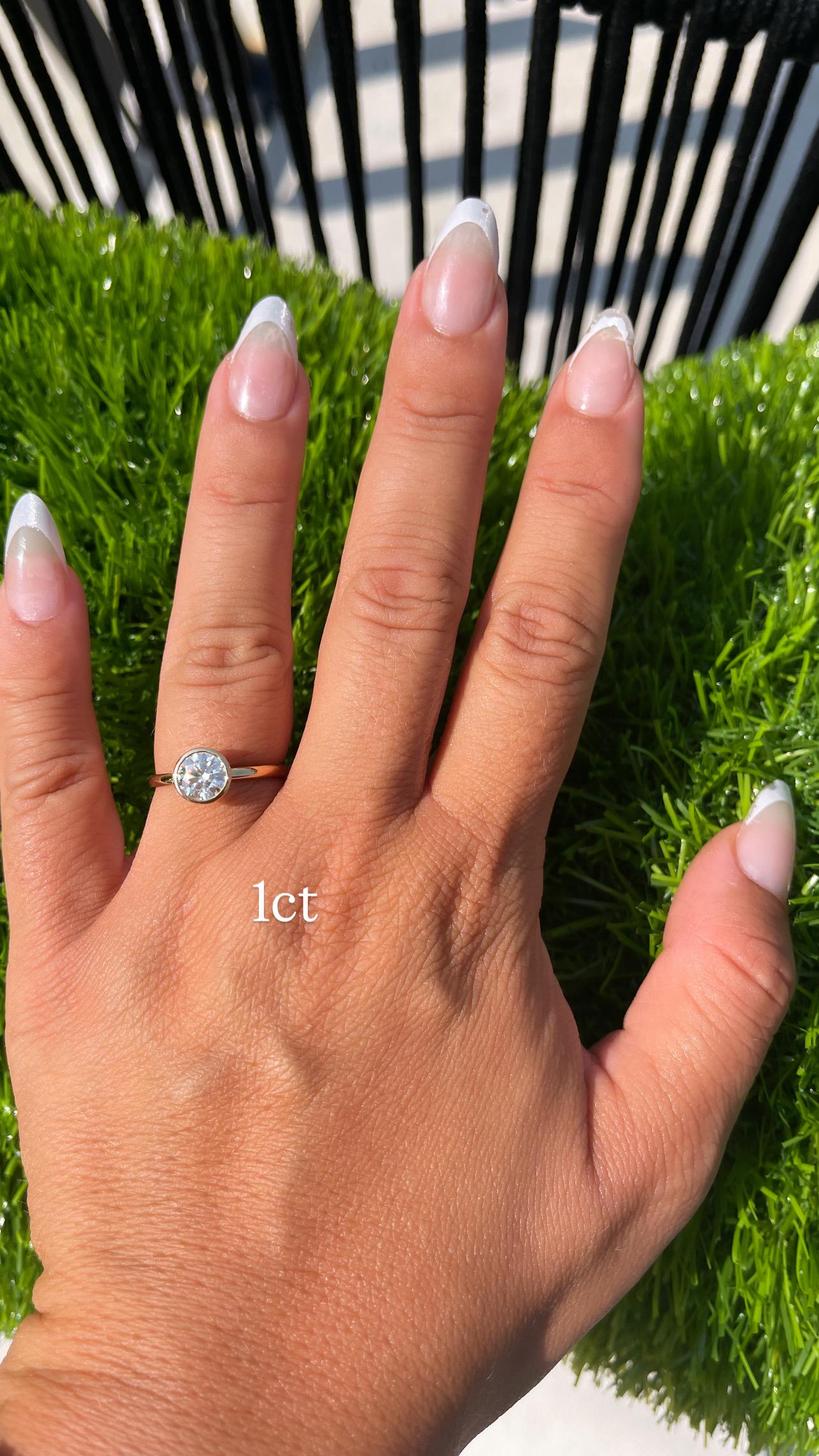 14K Yellow Gold Moissanite Bezel Round Cut Ring D color VVS1 | 1ct and 2ct