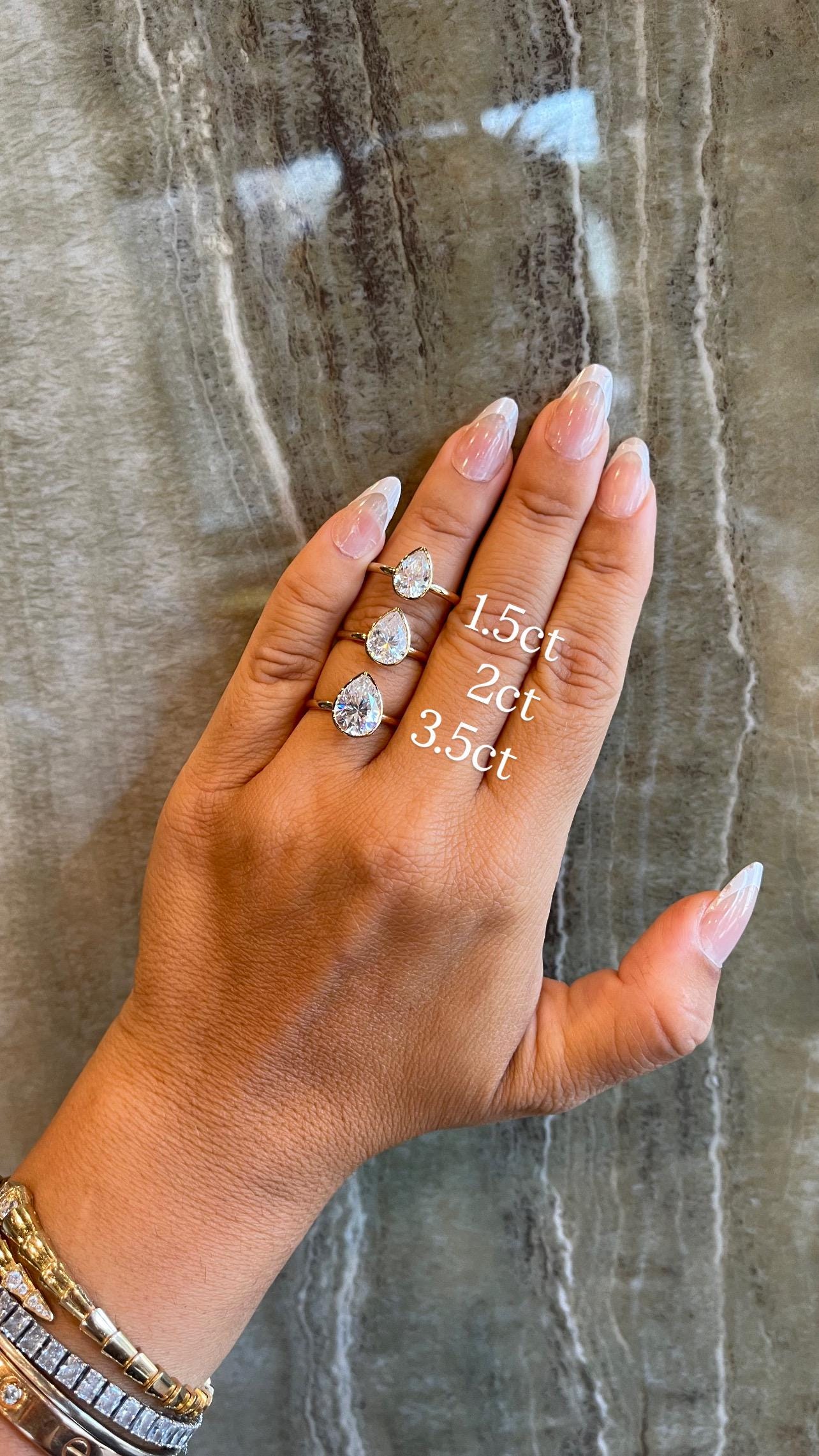 14K Yellow Gold Moissanite Bezel Pear Shape Ring D color VVS1 | 1.5ct 2ct 3.5ct