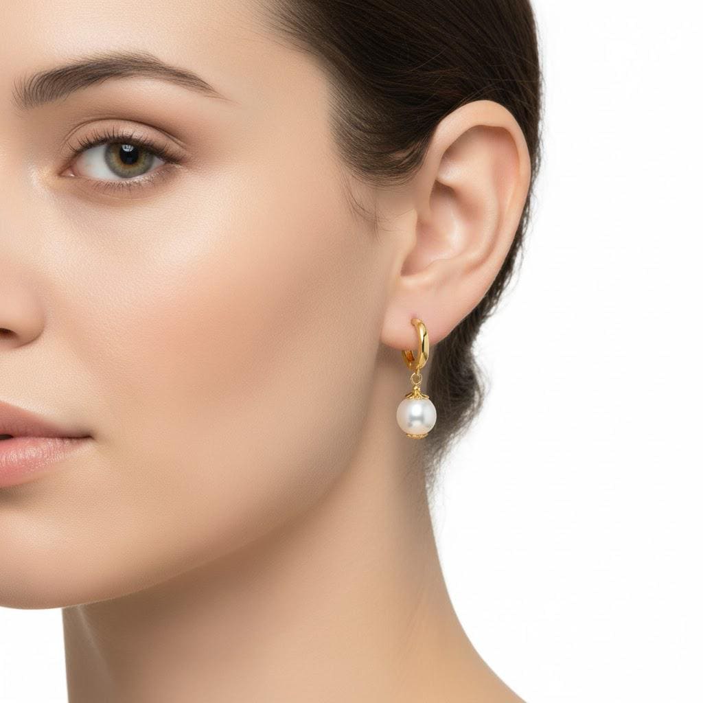 14K Solid Yellow Gold Genuine Pearl Huggie Hoop Dangle Earrings With Clasp 7x25mm | Pearl Dangle Hoops