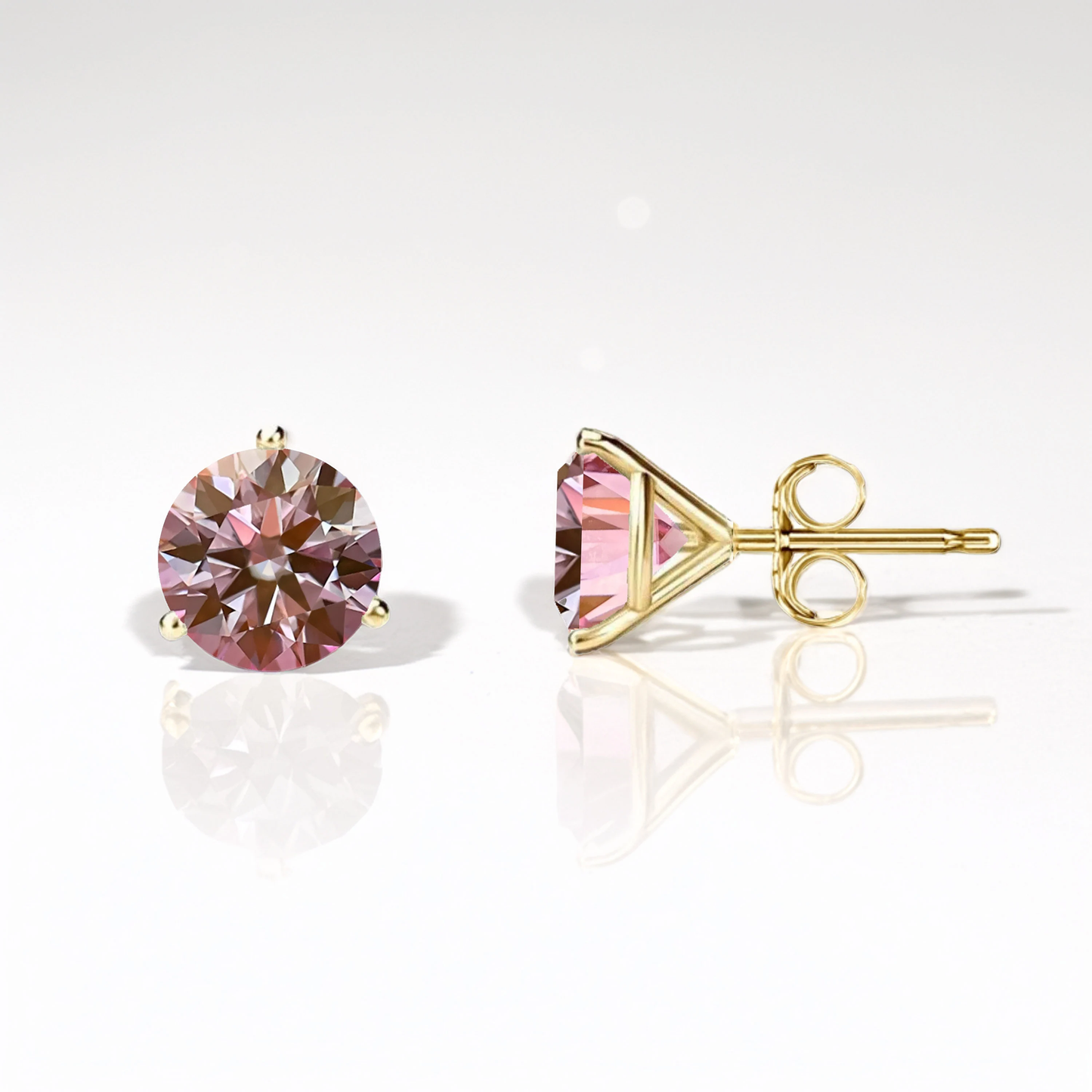 14K Solid Gold Martini Pushback 3 Prong Pink Moissanite Pushbacks Studs