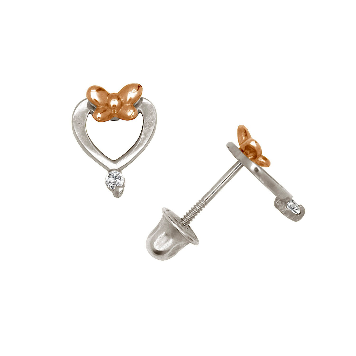 14K Gold Tiny Heart Stud Earrings Set With Bow and CZ
