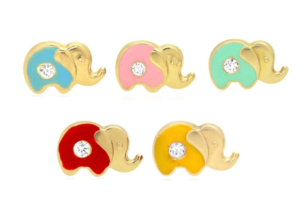 14K Solid Gold Enamel Elephant Studs| Screwback Enamel Girls Studs