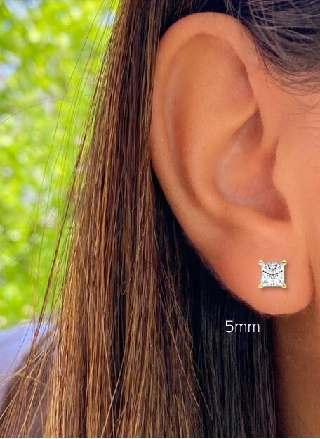 14K Solid Gold Princess Cut Pushbacks Studs | Gold Princess Solitaire Earrings | Gold Princess CZ Studs