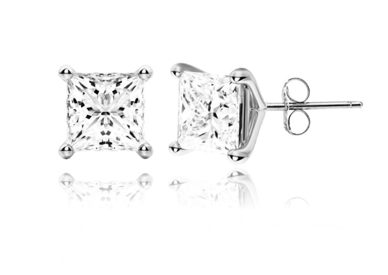 14K Solid Gold Princess Cut Pushbacks Studs | Gold Princess Solitaire Earrings | Gold Princess CZ Studs