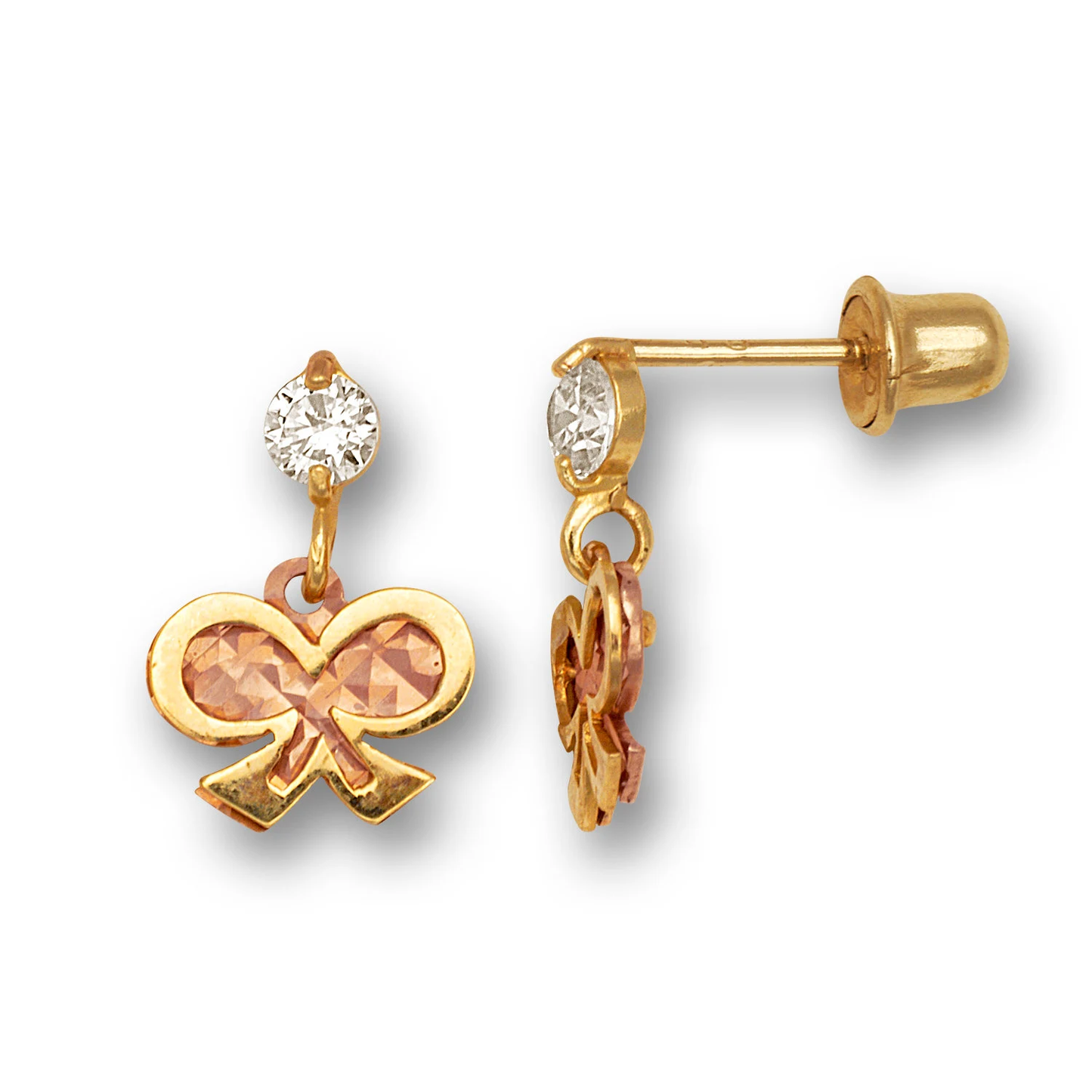 14K Solid Gold Hanging Bow Shaped Girls Studs
