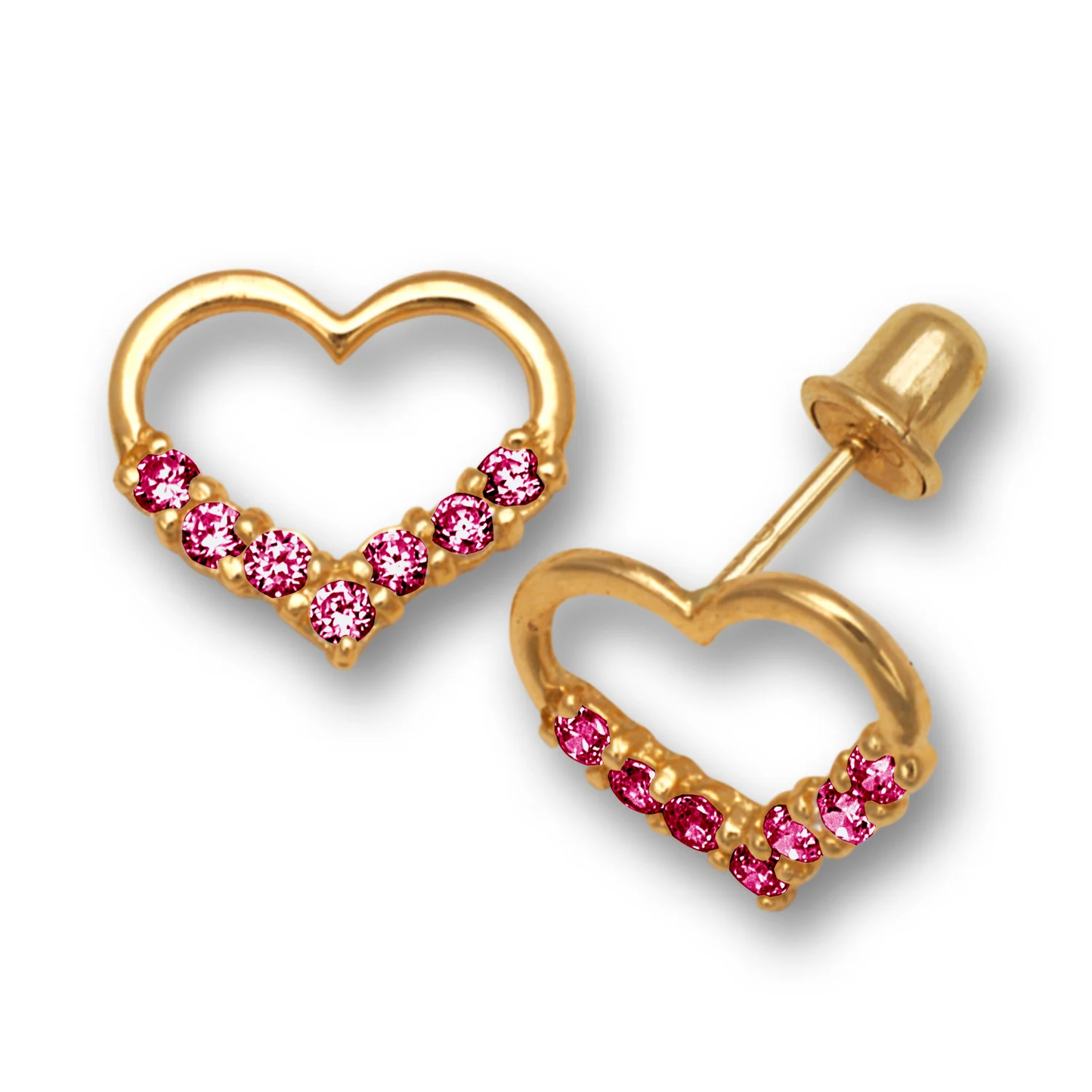 14K Pure Solid Yellow Gold Heart Shape Halo Screw Back Studs Set With White & Ruby Pink CZ