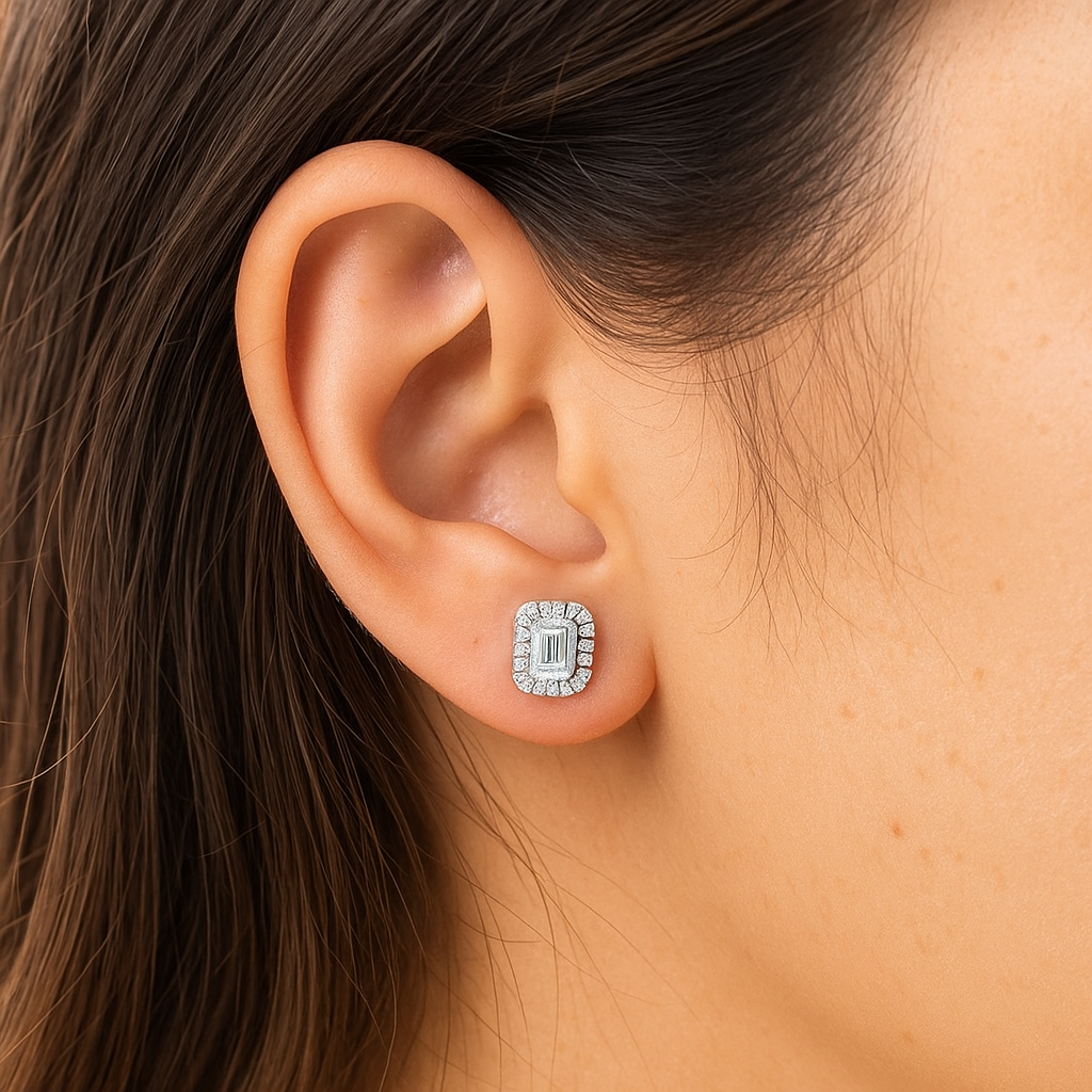 Halo Emerald Lab Grown Diamond Studs |14K Solid Gold | DEF VVS | 1ct 2ct