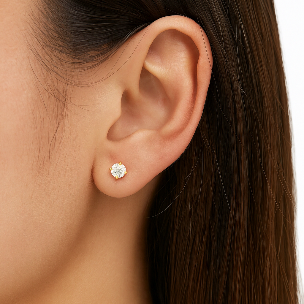 14K Solid Gold Diamond Studs | 3 Prong Martini Lab Grown Diamond Round Studs | 14K Gold | DEF VVS | 0.5ct-6ct