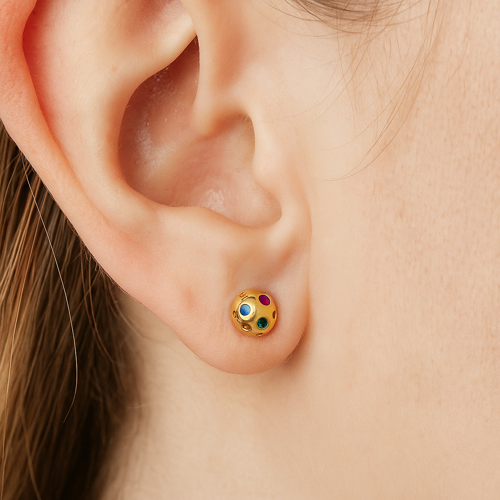 14K Solid Gold Half Ball Shaped Studs | Ruby Emerald and Sapphire Ball