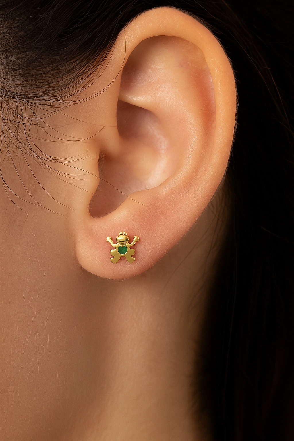 14K Gold Adorable Frog Studs | 14K Gold Frog earrings Set With Emerald | Little Frog Studs