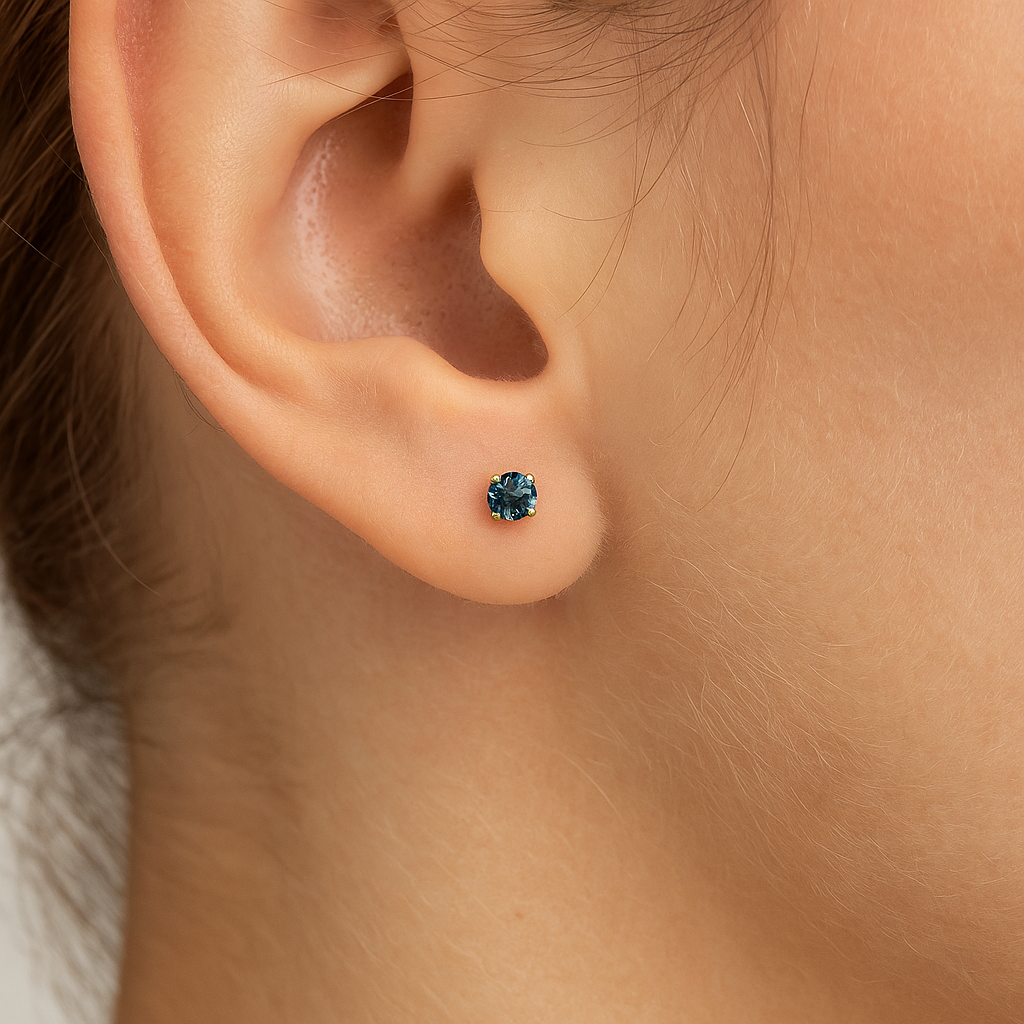 14K Solid Gold Martini 3 Prong Dark Blue Moissanite Pushback Studs