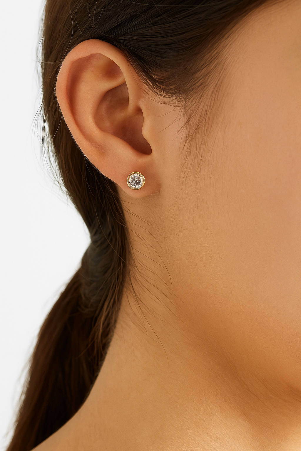 14K Solid Gold Round Bezel Earrings Set With AAA CZ - Pushback Bezel Earrings