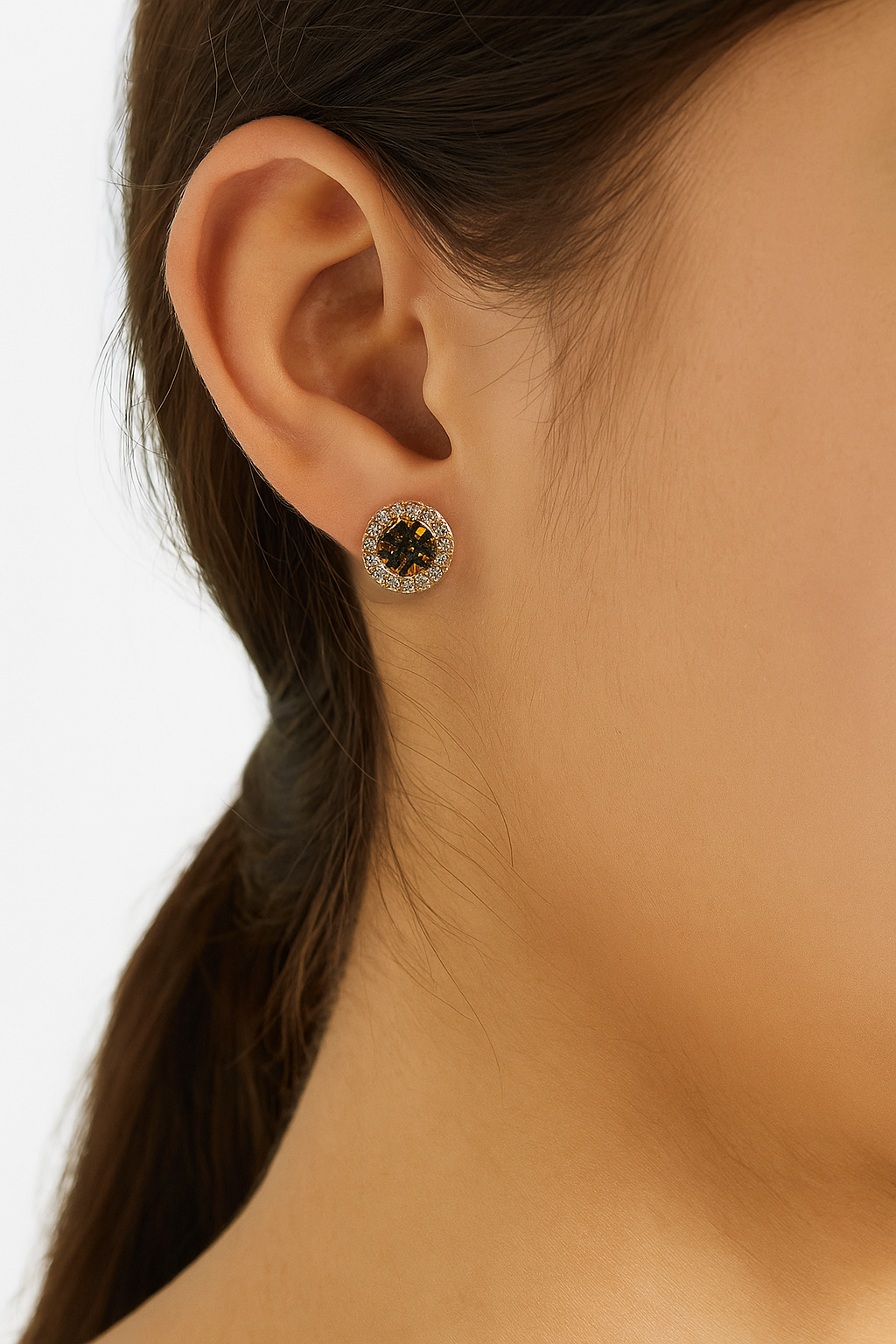 14K Pure Solid White/Yellow Gold Round Disc Set With Cubic Zirconia Halo Screw-Back Stud Earrings