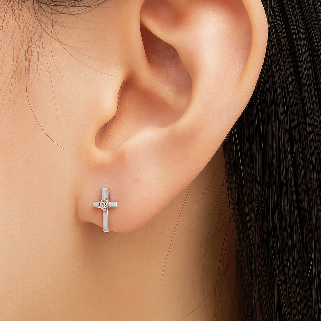 14K Pure Solid White/Yellow Gold Cross Earrings Set With Cubic Zirconia Screw-Back Studs