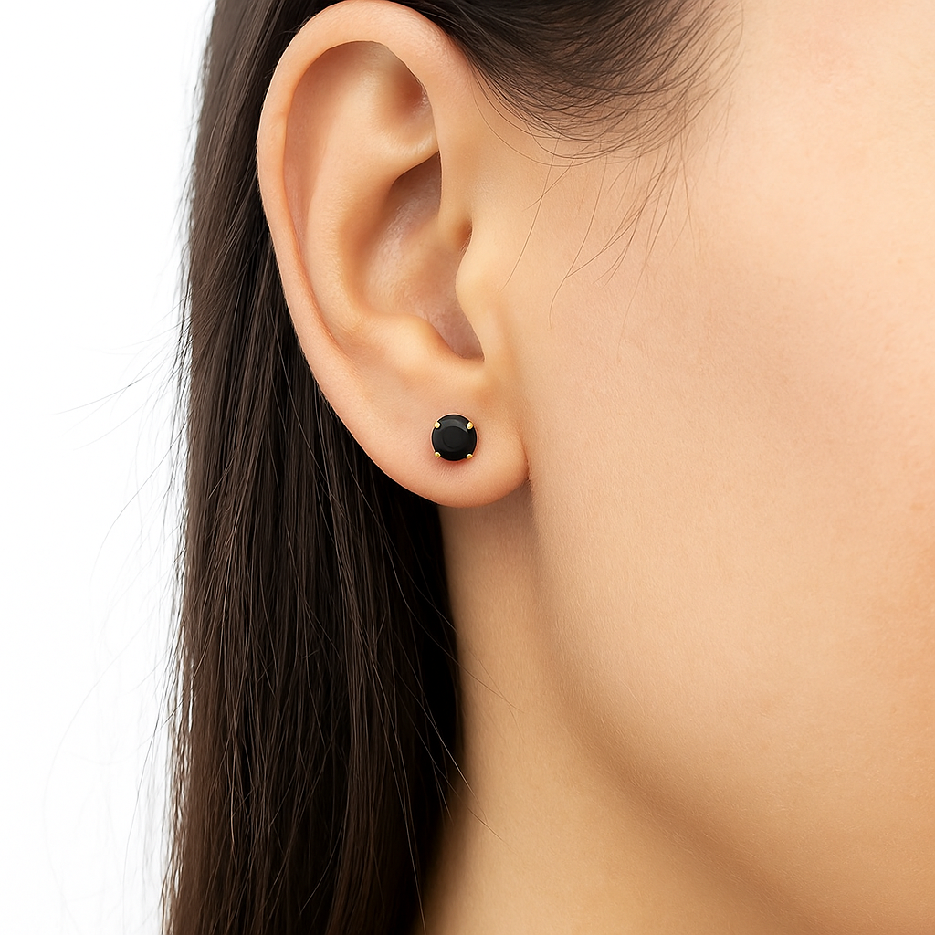 14K Solid Gold 4 Prong Basket Set With Black Round-Cut Cubic Studs