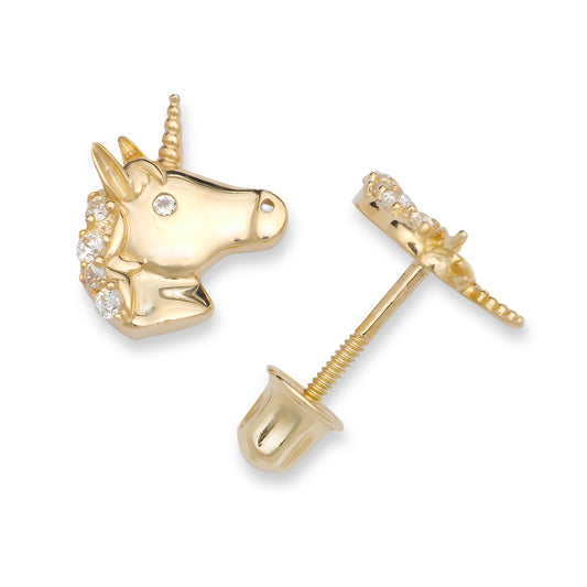 14K Solid Gold Unicorn Screwback Dainty Studs