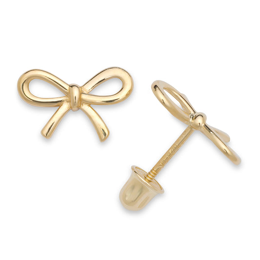 14K Solid Gold Screwback Dainty Ribbon Bow Studs