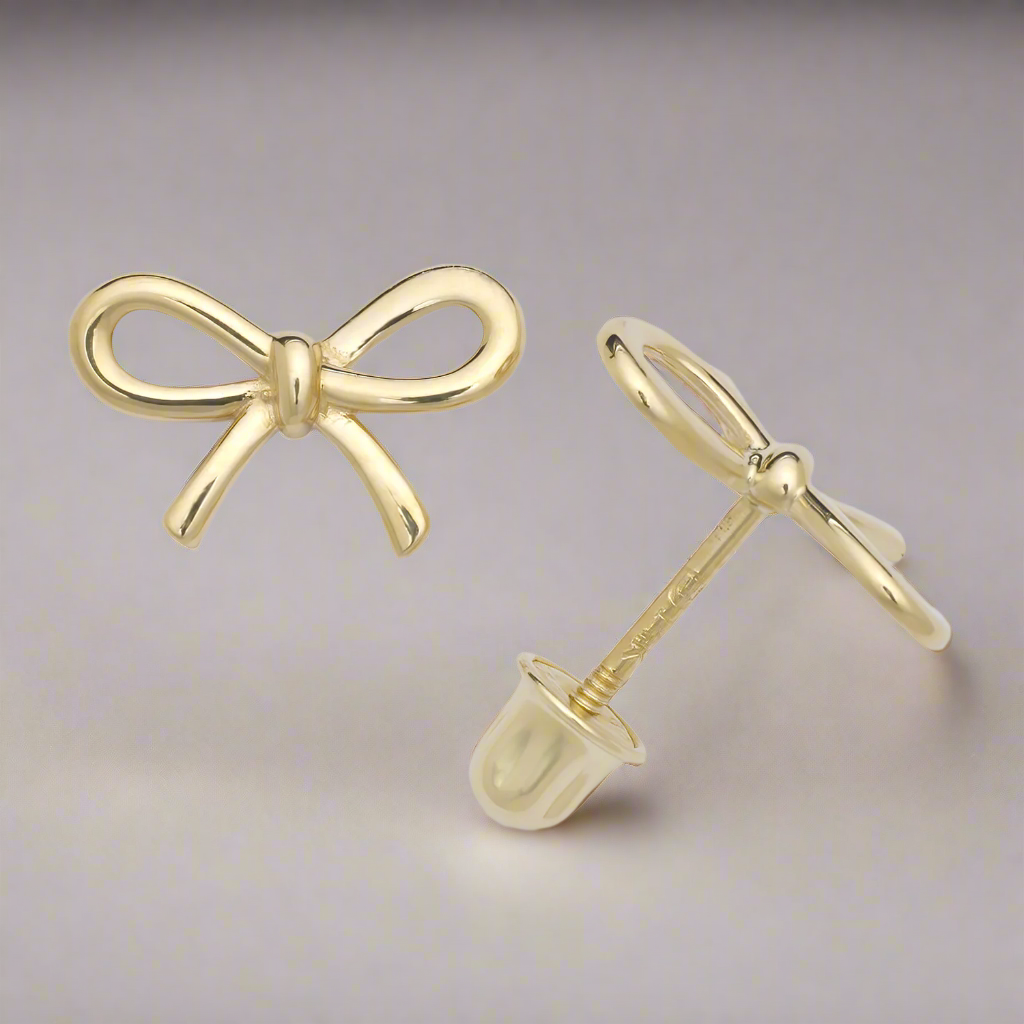 14K Solid Gold Screwback Dainty Ribbon Bow Studs