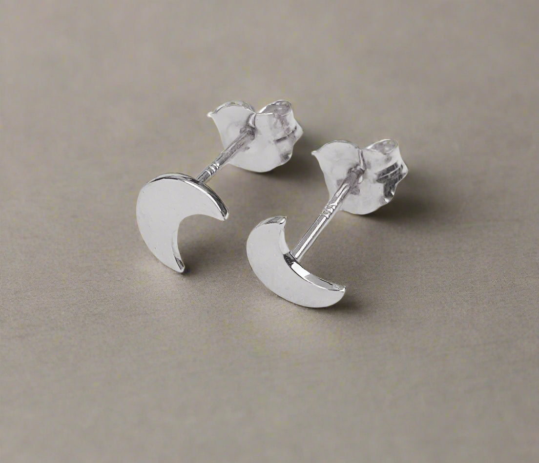 14K Solid Gold Dainty Crescent Moon Pushback Studs