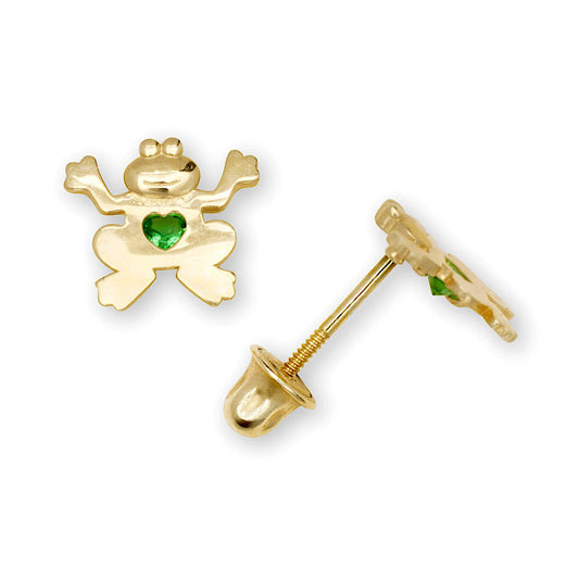 14K Gold Adorable Frog Studs | 14K Gold Frog earrings Set With Emerald | Little Frog Studs