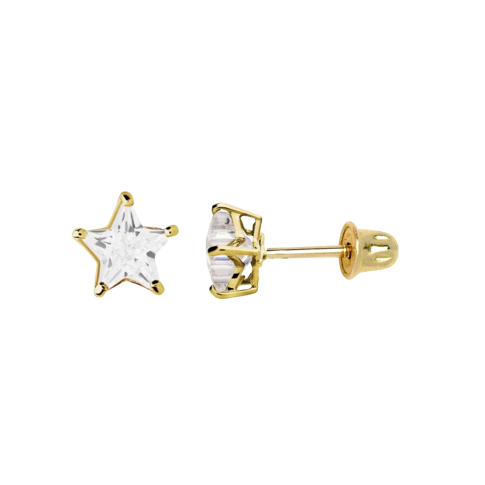 14K Solid Gold Classy Star Cut Screwbacks Prong Studs