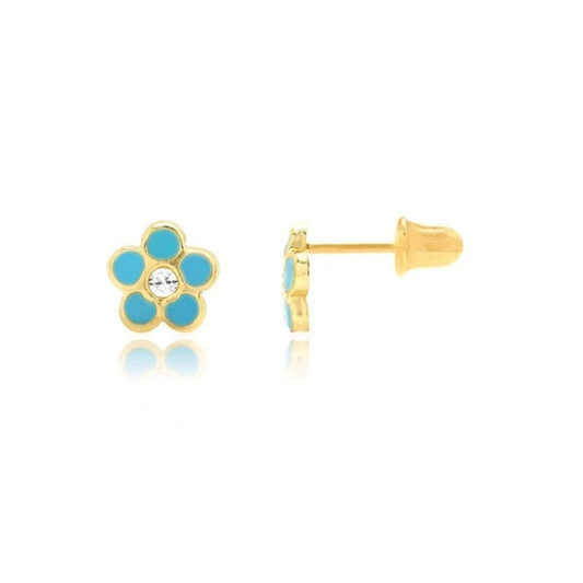 14K Solid Gold Enamel Flower Studs| Screwback Enamel Girls Studs | Girls Earrings | 14K Gold Kids Jewelry