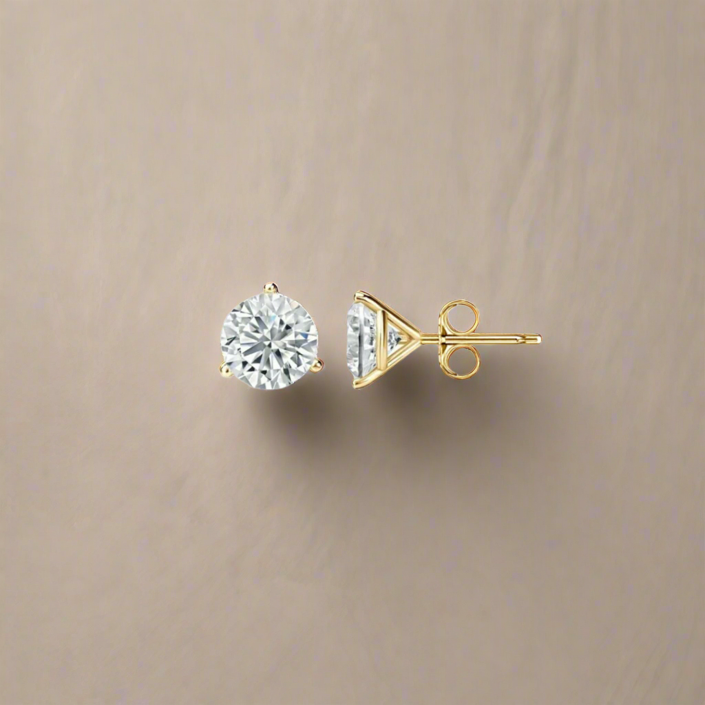 14K Solid Gold 3 Prong Martini Pushback Studs GRA Certified