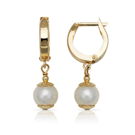 14K Solid Yellow Gold Genuine Pearl Huggie Hoop Dangle Earrings With Clasp 7x25mm | Pearl Dangle Hoops