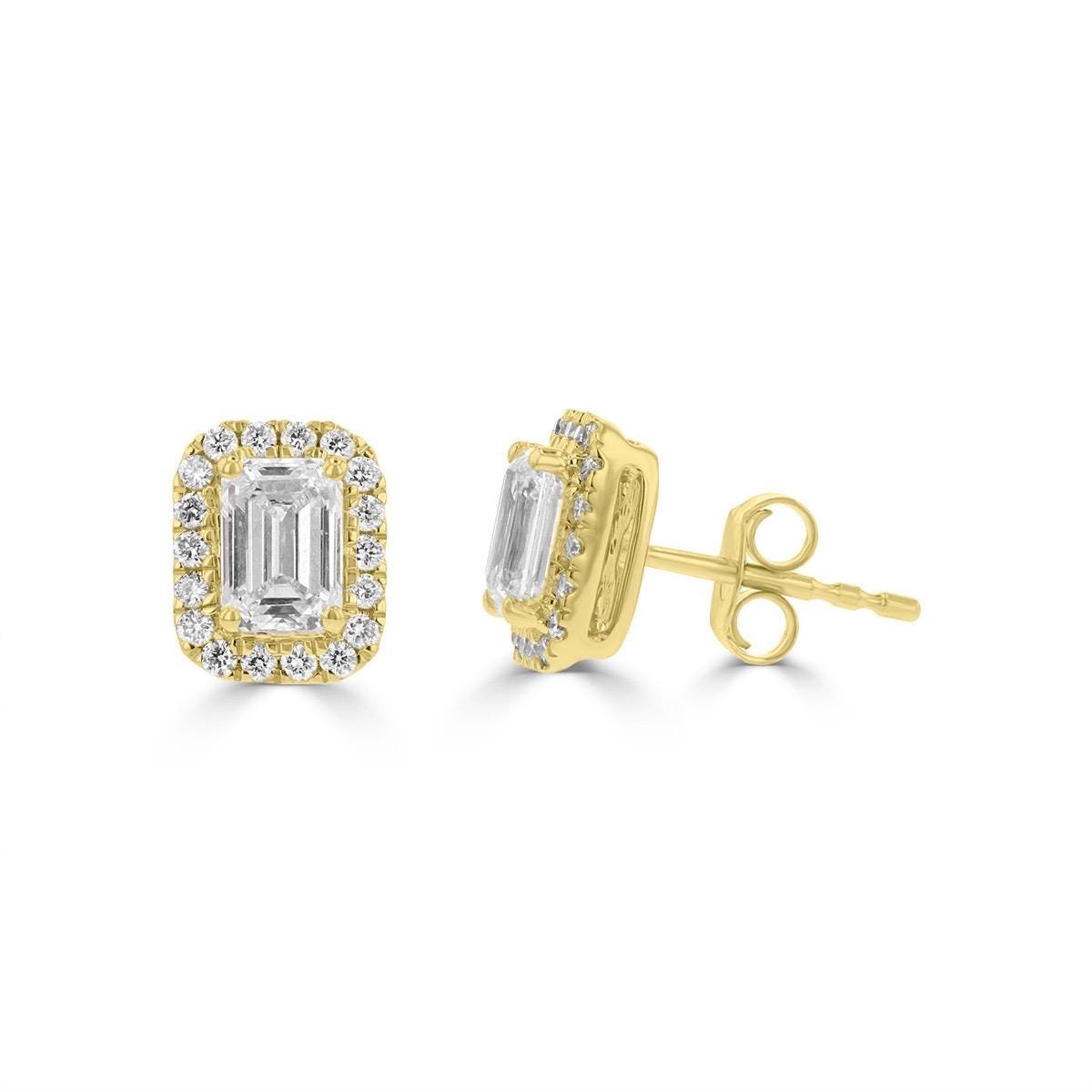 Halo Emerald Lab Grown Diamond Studs |14K Solid Gold | DEF VVS | 1ct 2ct
