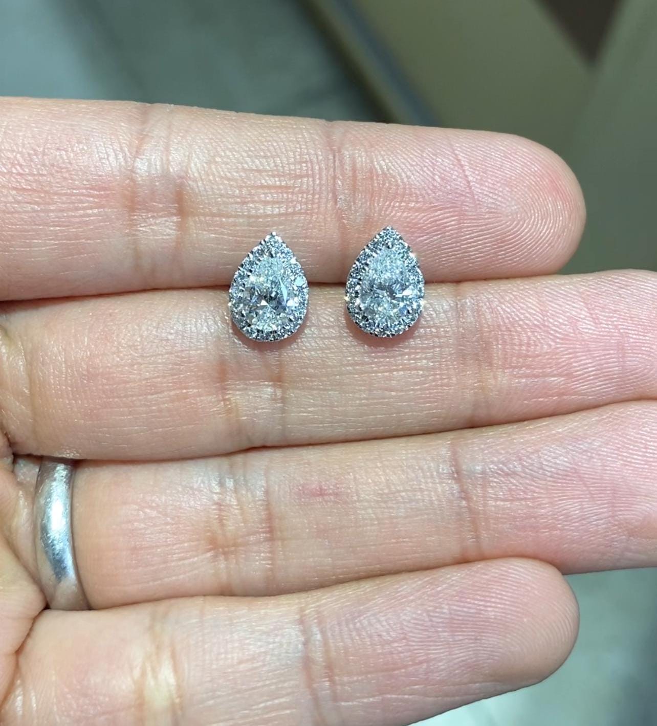 Halo Pear Lab Grown Diamond Studs |14K Solid Gold | DEF VVS | 1ct 1.5ct