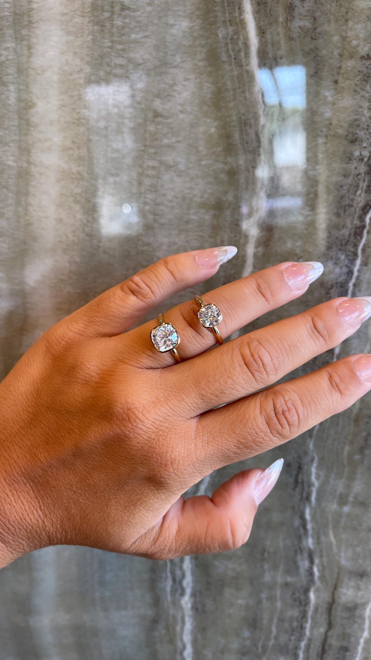 14K Yellow Gold Cushion Cut Moissanite Bezel Ring D color VVS1 | 1.5ct and 2.5ct 3.5ct