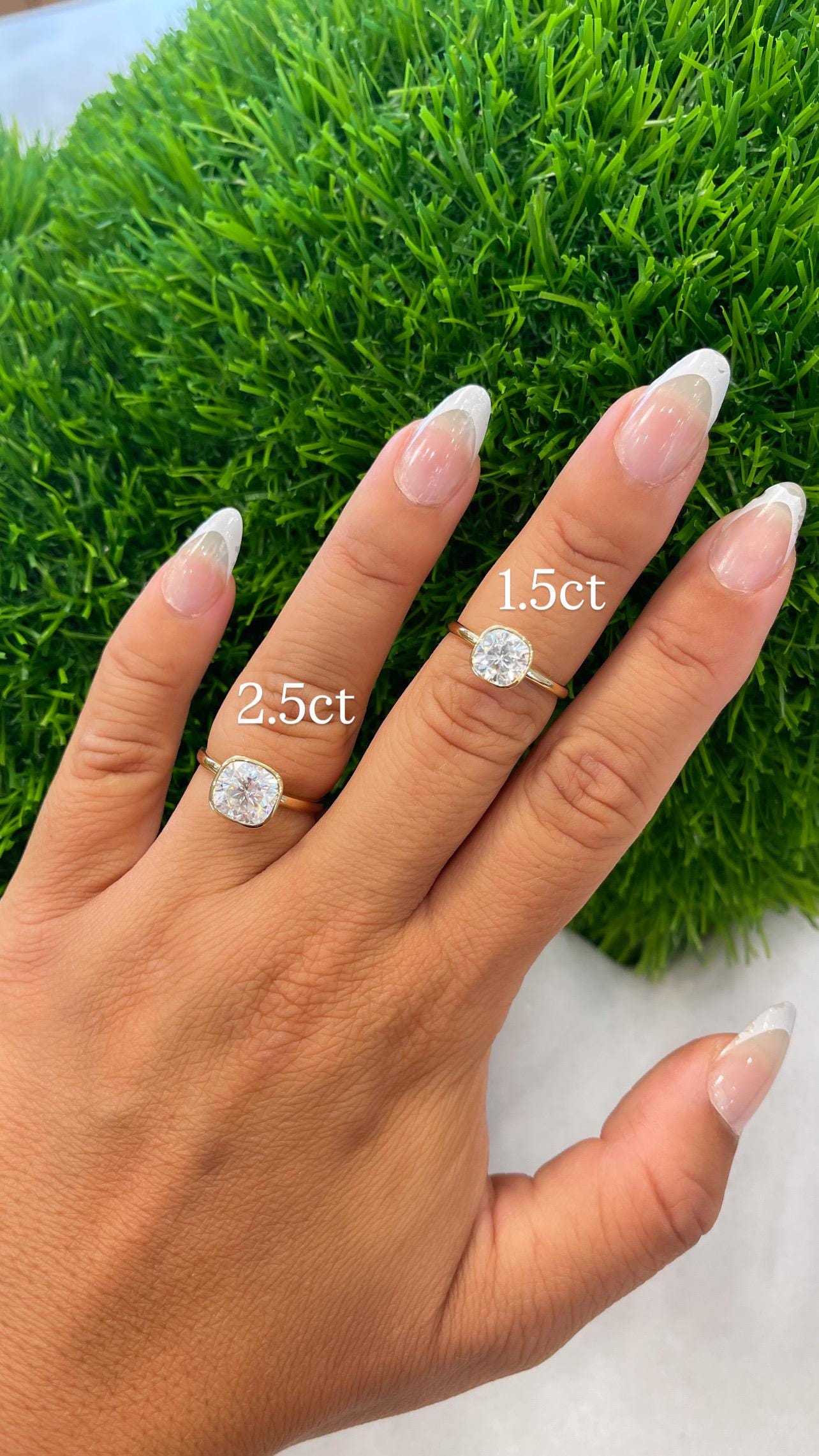 14K Yellow Gold Cushion Cut Moissanite Bezel Ring D color VVS1 | 1.5ct and 2.5ct 3.5ct