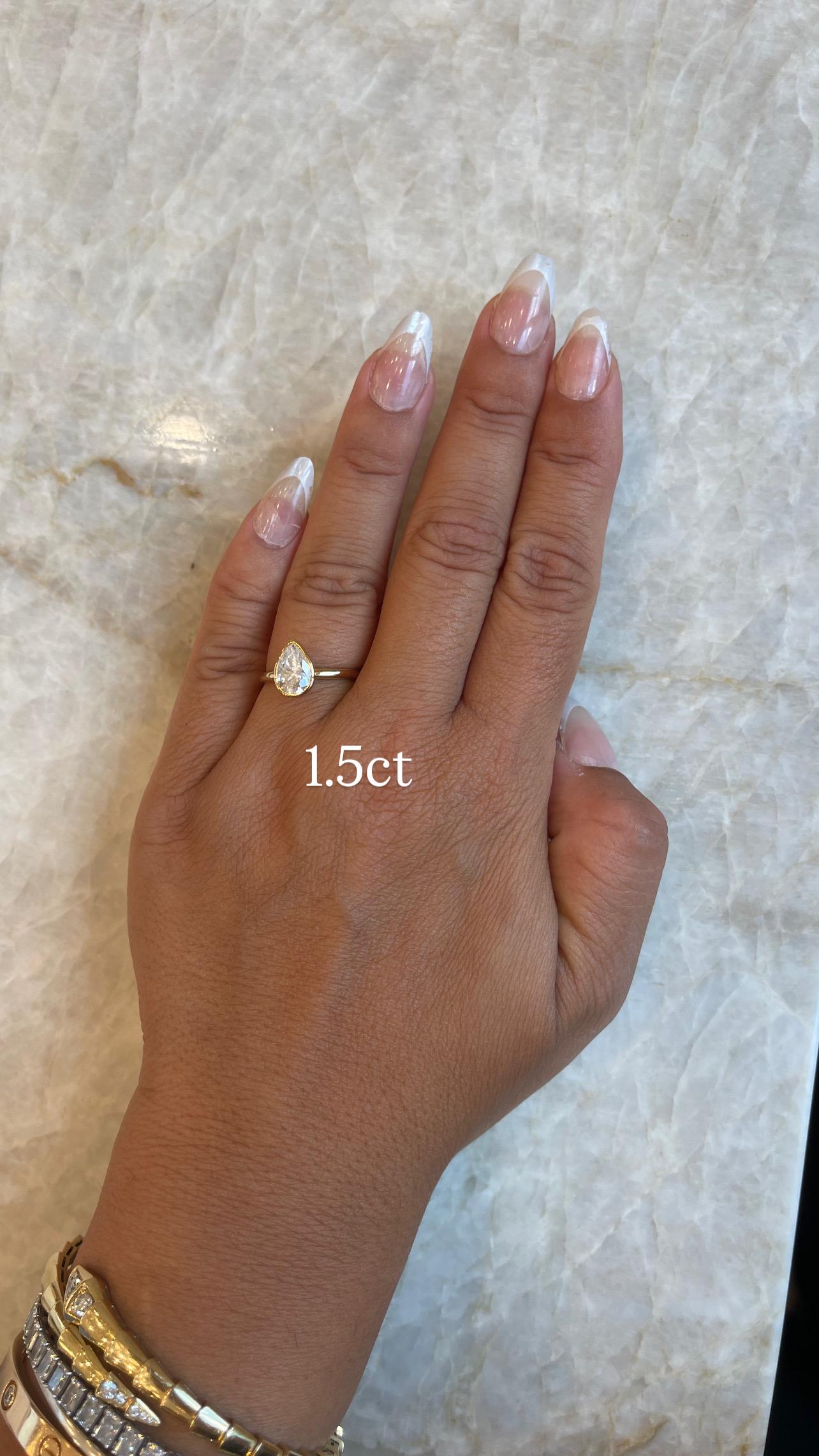 14K Yellow Gold Moissanite Bezel Pear Shape Ring D color VVS1 | 1.5ct 2ct 3.5ct