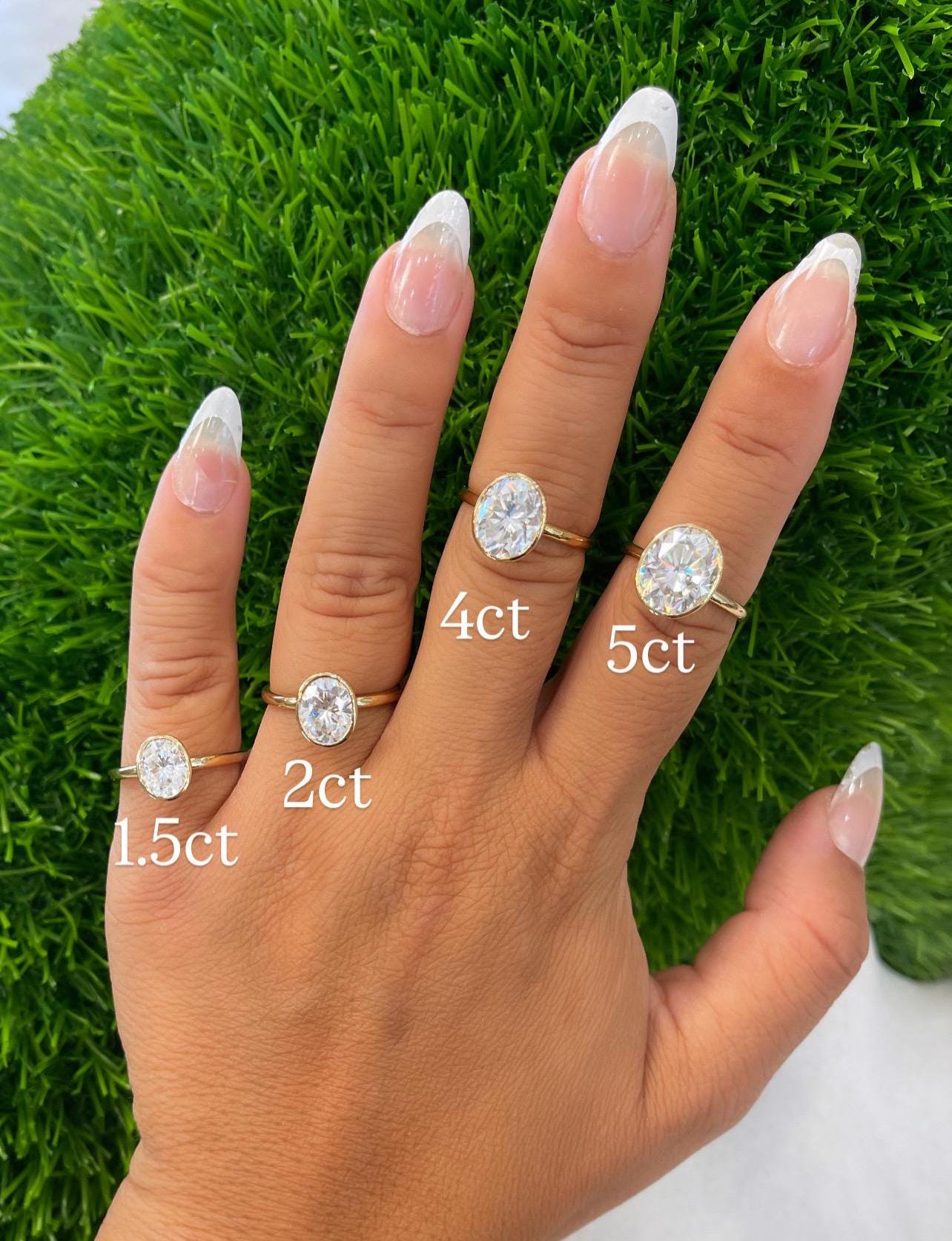 14K Yellow Gold Moissanite Bezel Oval Shape Ring D color VVS1 | 1.5ct 2ct 4ct 5ct