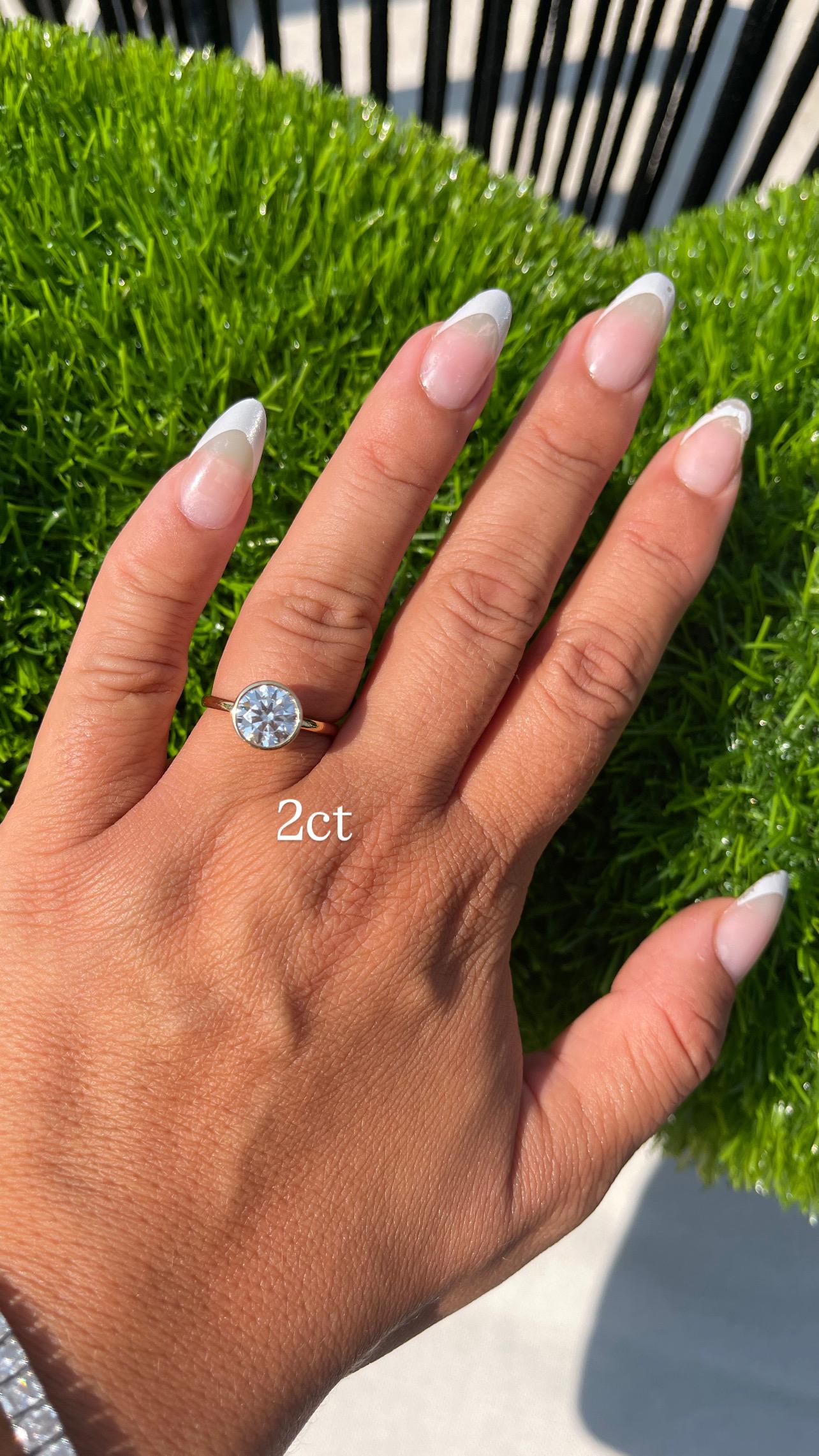 14K Yellow Gold Moissanite Bezel Round Cut Ring D color VVS1 | 1ct and 2ct