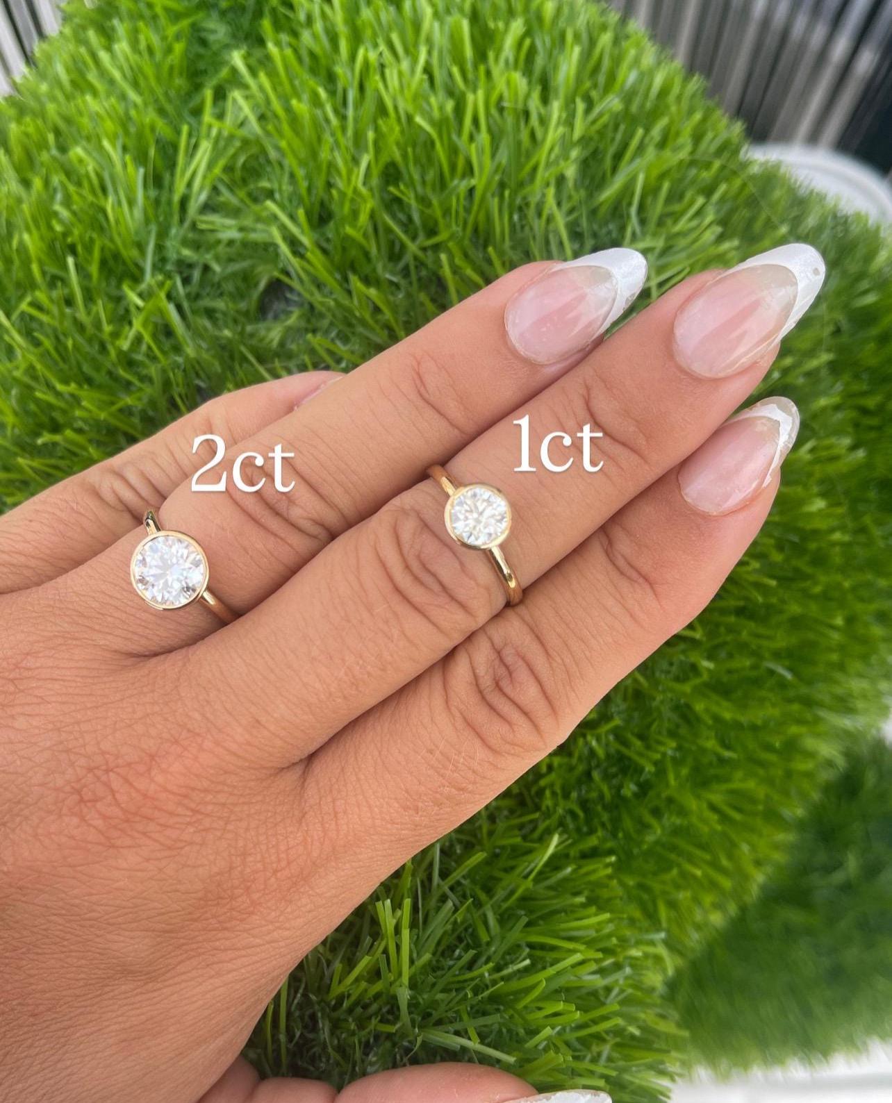 14K Yellow Gold Moissanite Bezel Round Cut Ring D color VVS1 | 1ct and 2ct