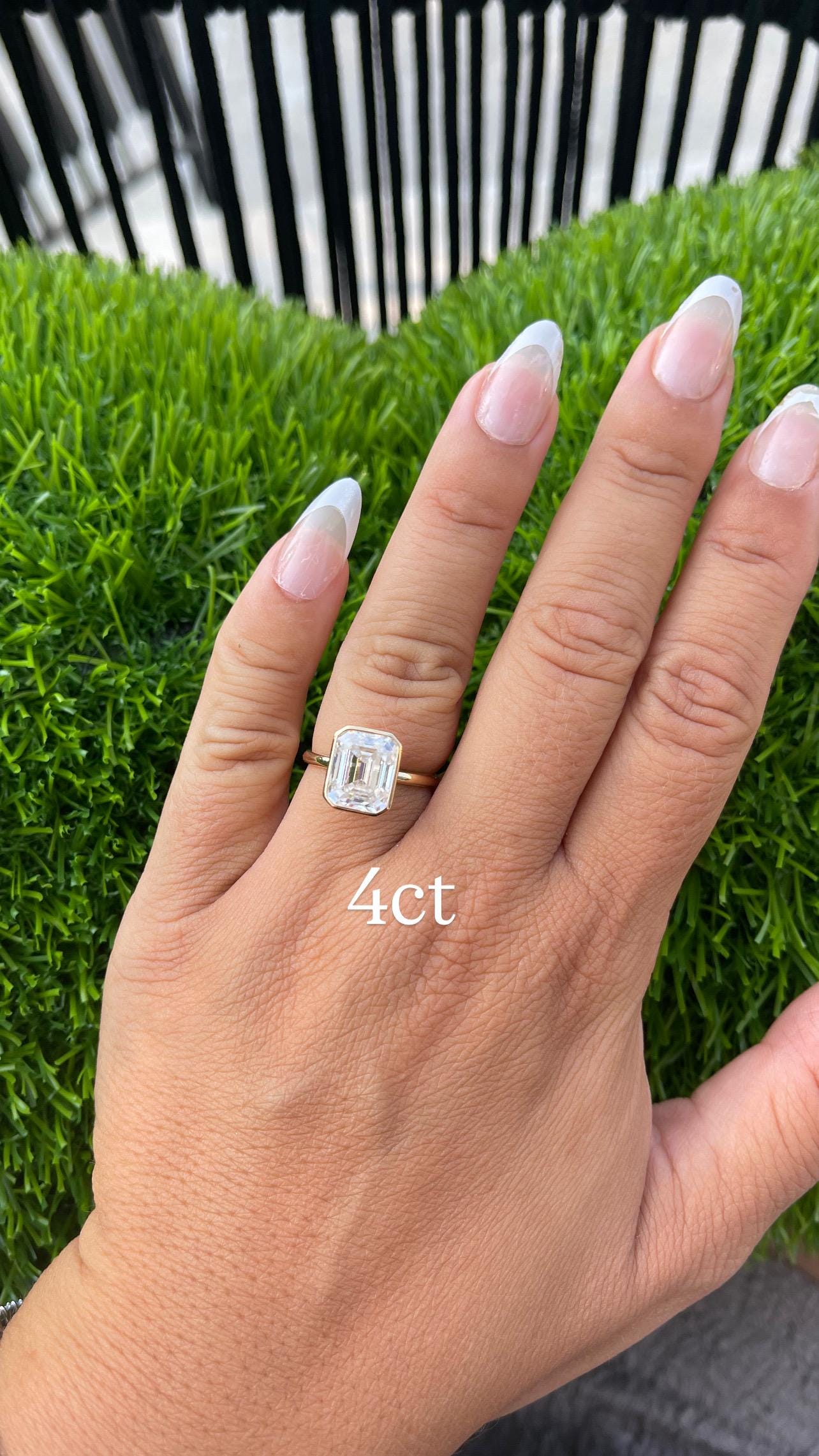 14K Yellow Gold Emerald Cut Moissanite Bezel Engagement Ring | 1ct 2ct 3ct 4ct