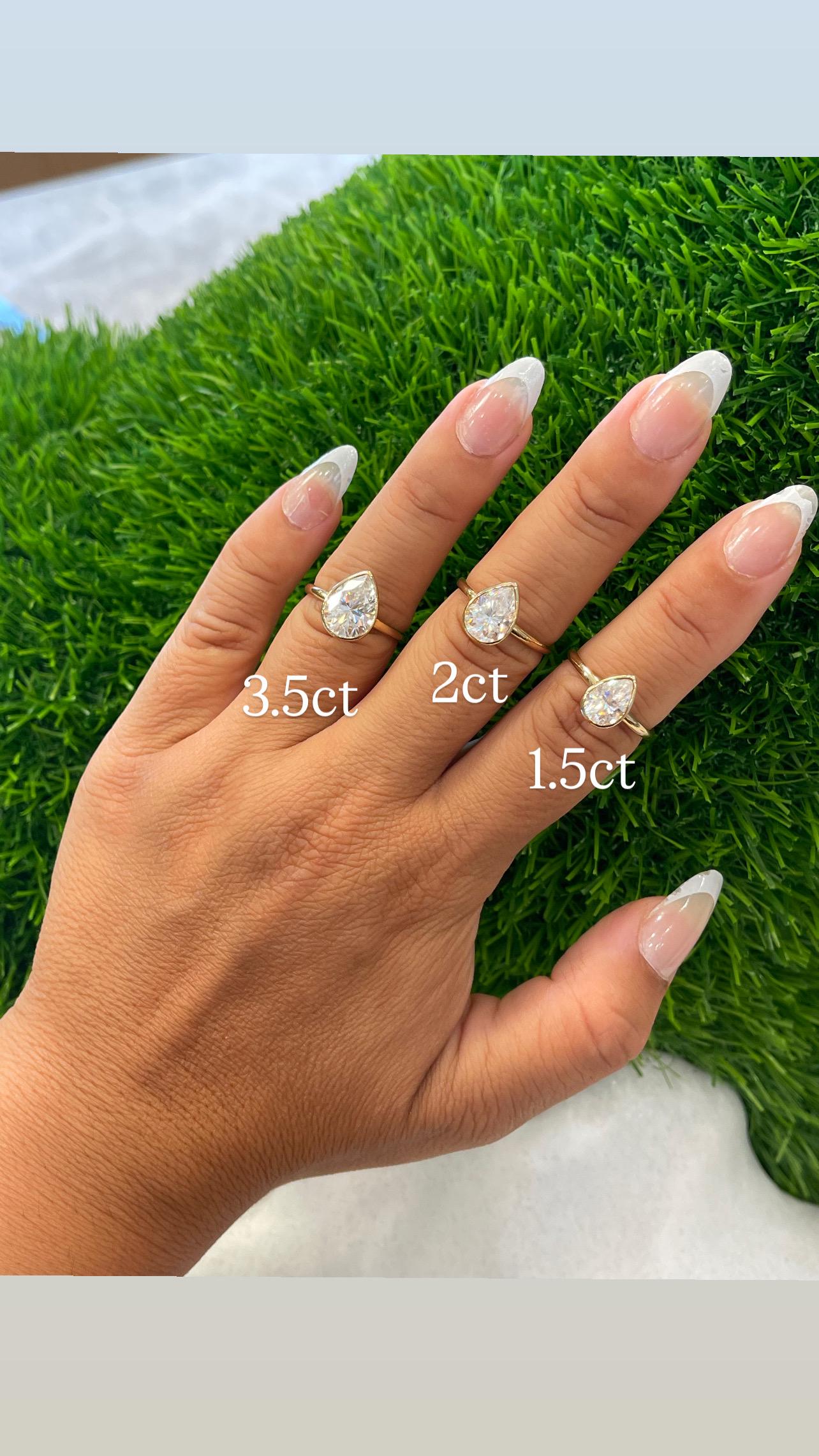 14K Yellow Gold Moissanite Bezel Pear Shape Ring D color VVS1 | 1.5ct 2ct 3.5ct