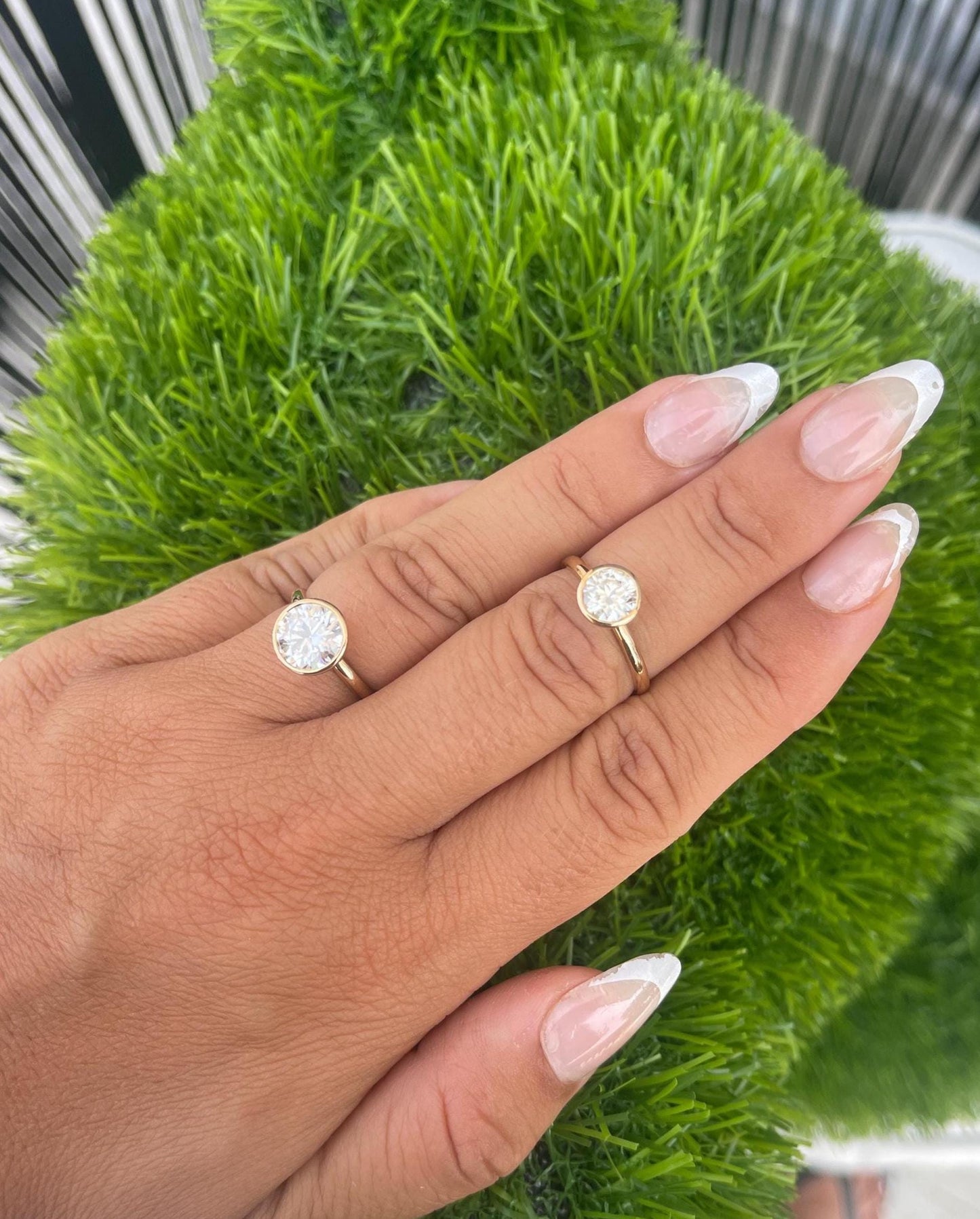 14K Yellow Gold Moissanite Bezel Round Cut Ring D color VVS1 | 1ct and 2ct