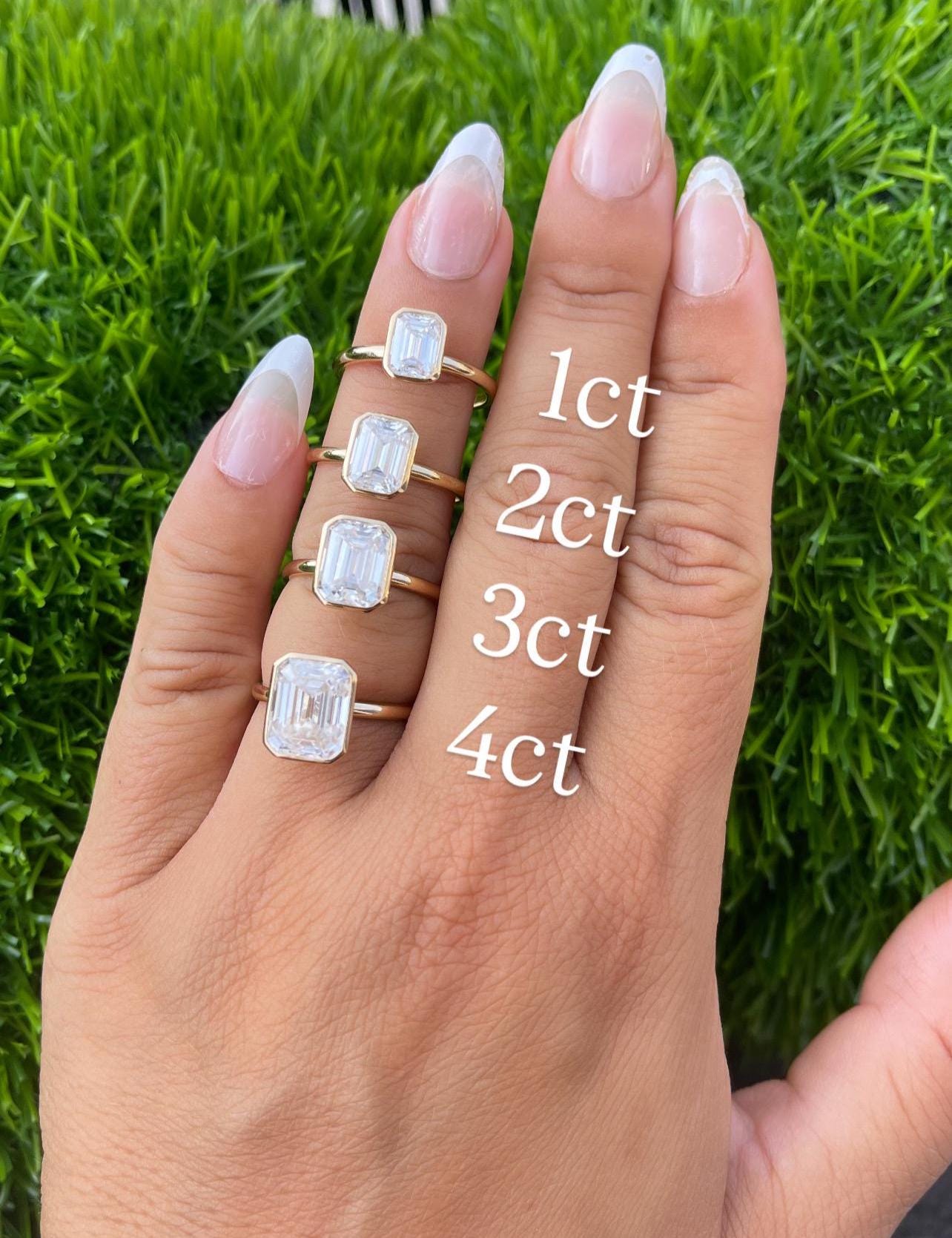 14K Yellow Gold Emerald Cut Moissanite Bezel Engagement Ring | 1ct 2ct 3ct 4ct