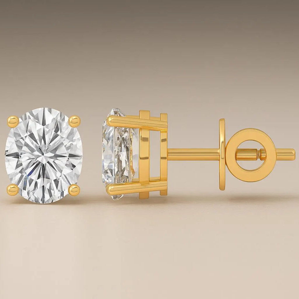14K Gold Lab-Grown Oval Diamond Stud Earrings E-F VVS (1CTW – 6 CTW) •  Oval Solitaire 4-Prong Studs • Pushbacks