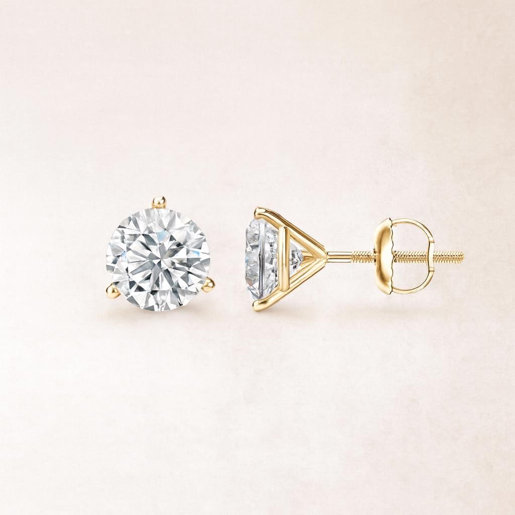 14K Solid Gold Diamond Studs | 3 Prong Martini Lab Grown Diamond Round Studs | 14K Gold | DEF VVS | 0.5ct-6ct