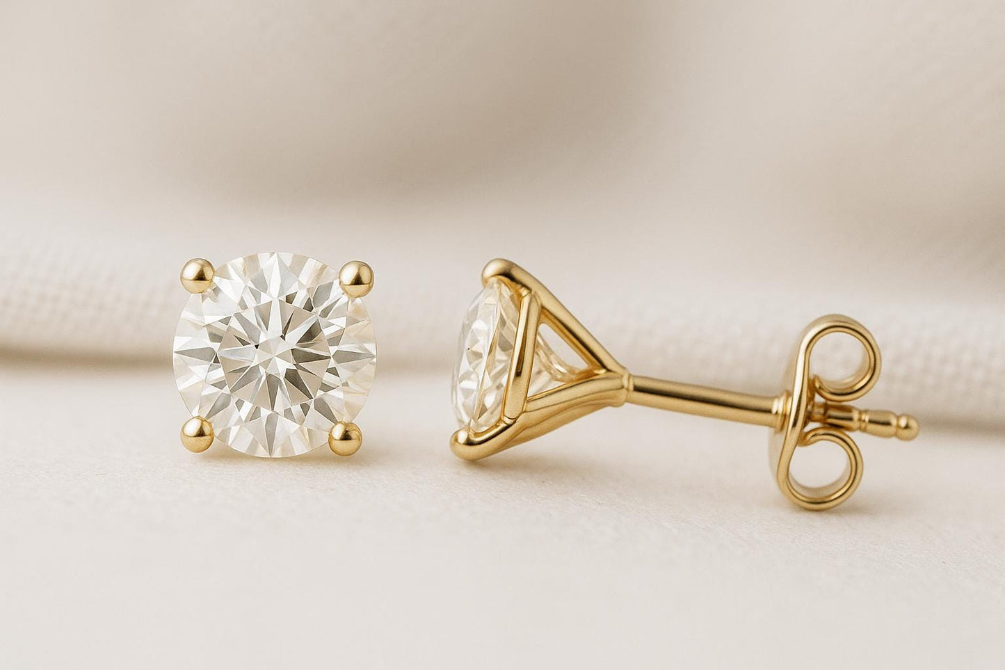 14K Solid Gold Diamond Studs | 3 Prong Martini Lab Grown Diamond Round Studs | 14K Gold | DEF VVS | 0.5ct-6ct