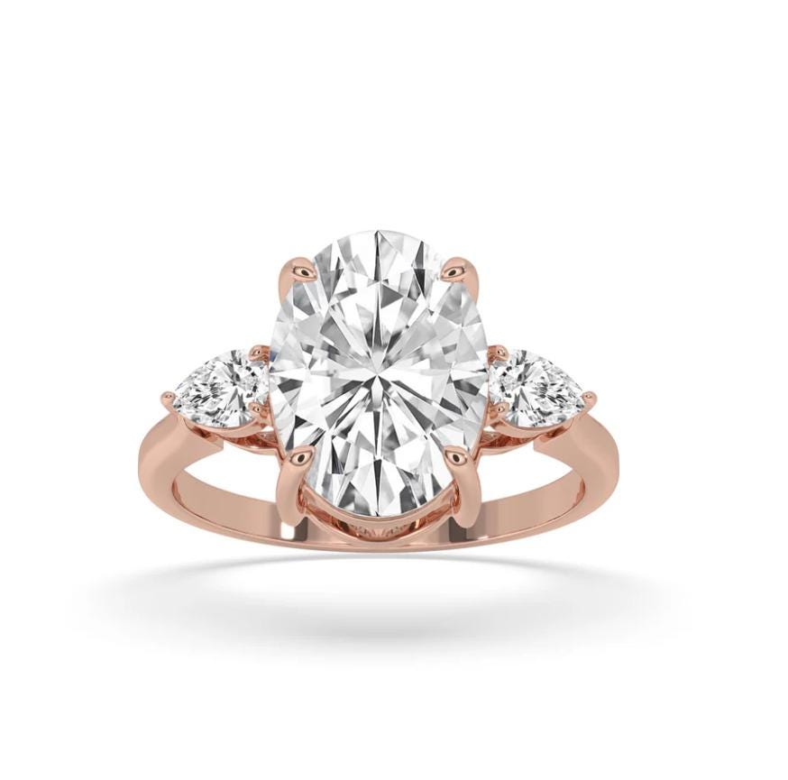 14K Gold 3 Stone Oval Lab Grown Engagement Ring EF VVS–VS | Oval & Pear Lab Diamond Bridal Ring | Engagement Ring | Lab Grown