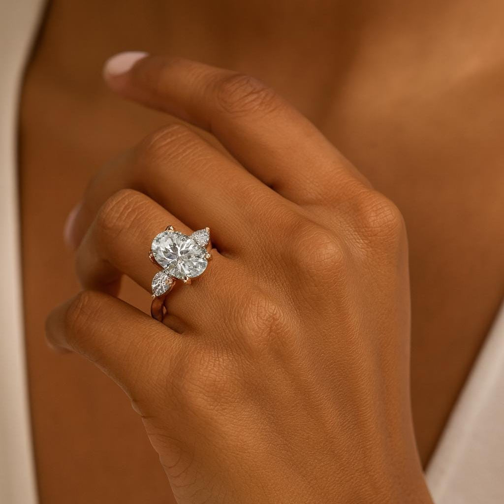 14K Gold 3 Stone Oval Lab Grown Engagement Ring EF VVS–VS | Oval & Pear Lab Diamond Bridal Ring | Engagement Ring | Lab Grown